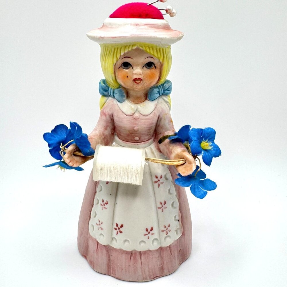 Reliance Sewing Girl Figurine Spool Pin Cushion Hat Ceramic Pink Vtg